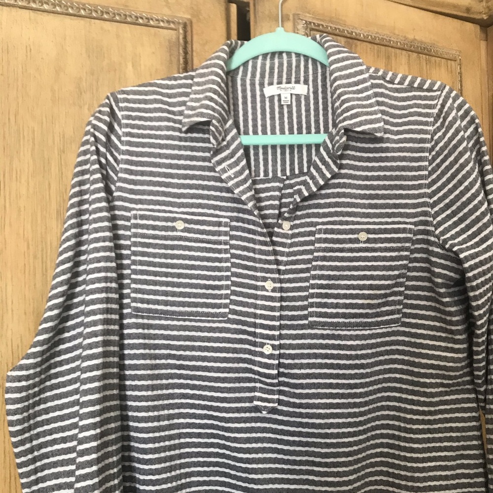 Madewell grey and white pinstriped blouse